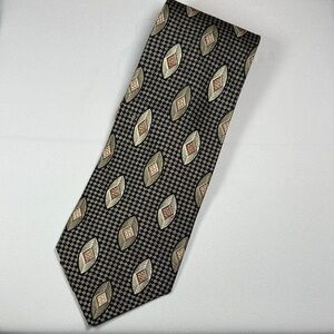 Structure Black Gold and Coral Diamond Pattern 100% Silk Necktie